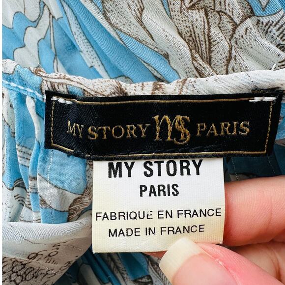My Story Paris Cream & Blue Accordian Pleat 3/4 Sleeve Blouse S - Picture 13 of 16